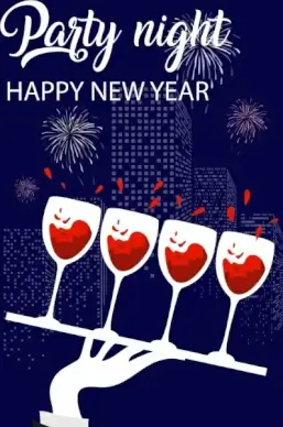 new year banner wineglasses fireworks skyscrapers icons