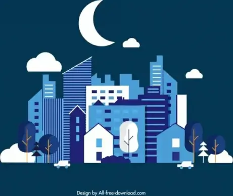 night city background buildings crescent icons dark design