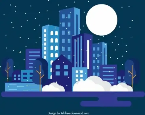 night city background buildings moonlight icons dark design