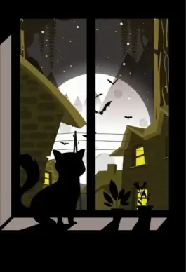 night drawing cat moonlight bats icons dark design