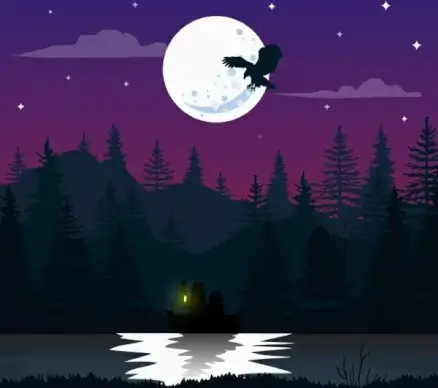 night natural scene drawing moonlight lake bird icons
