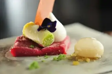 nobu yuzu curd raspberry sherbet lychee foam h