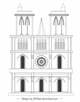 notre dame cathedral church in paris icon flat black white symmetrical geometry outline 