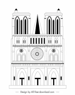 notre dame cathedral template symmetric flat black white handdrawn outline 