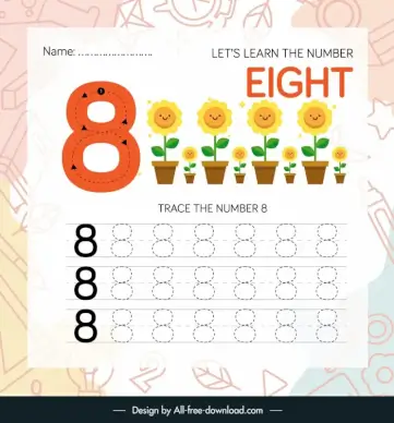 number eight worksheet for kids template sunflower pots sketch