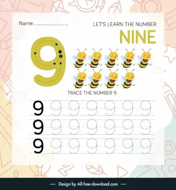number nine worksheet for kids template cute stylized cartoon bee animals sketch