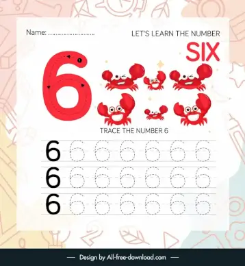 number six worksheet for kids template funny crabs sketch