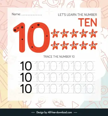 number ten worksheet for kids template cute starfish sketch