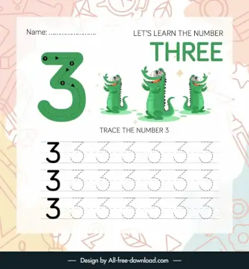 number three worksheet for kids template funny cartoon crocodile icons sketch