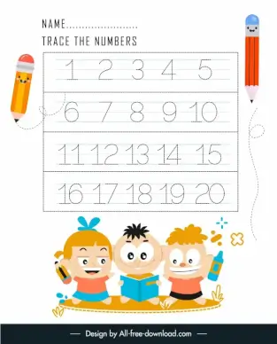number tracing worksheet for kids template cute cartoon characters pencils decor
