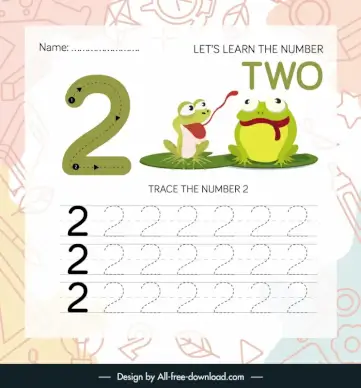 number two worksheet for kids education template funny cartoon frogs sketch
