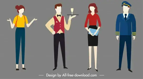 occupation icons pilot staff waiter sketch cartoon characters