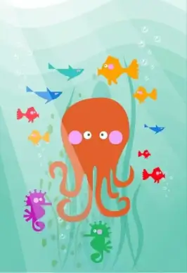 ocean background fish octopus seahorse icons colored cartoon