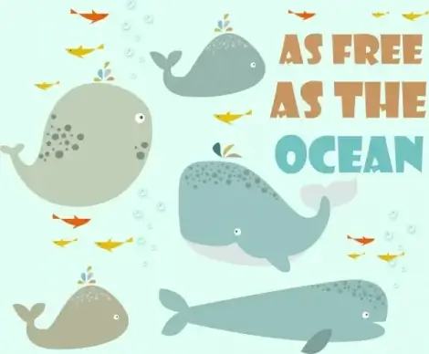 ocean background whales icons decor cartoon style