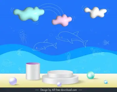  ocean elements backdrop template elegant dynamic 3d podium handdrawn design 