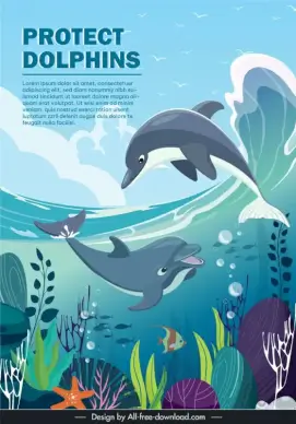 ocean protection poster template cute dynamic two dolphins swimming  