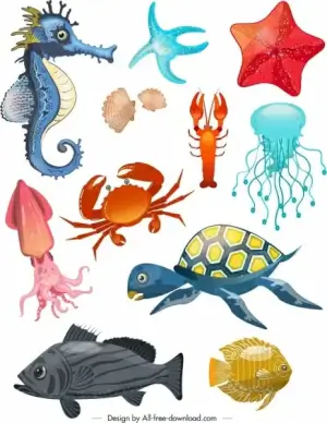 ocean species design elements multicolored animals icons