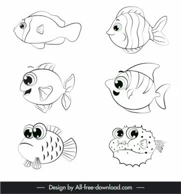 ocean species icons black white handdrawn outline 