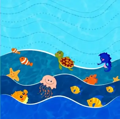 ocean world background various animals icons stylized cartoon