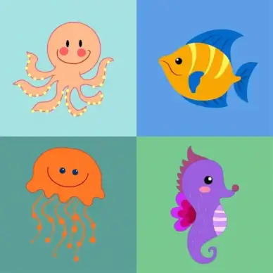 octopus seahorse jelly fish icons colorful cartoon isolation