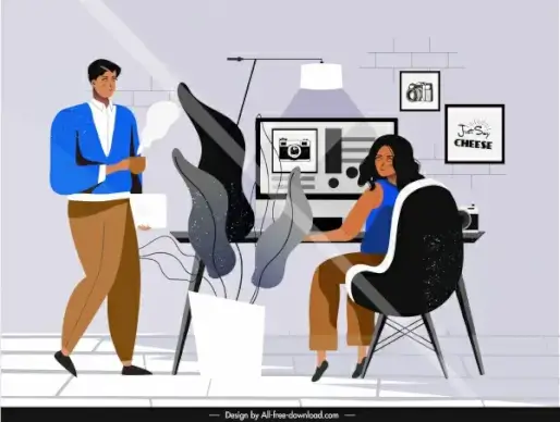 office work background staffs workdesk sketch cartoon design