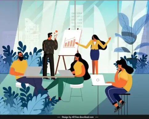 office work background working staffs colorful cartoon sketch