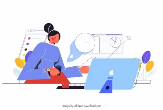 office work painting lady computing elements cartoon sketch