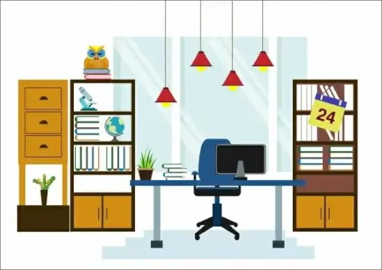 office workspace decoration shelf table hanging lights icons