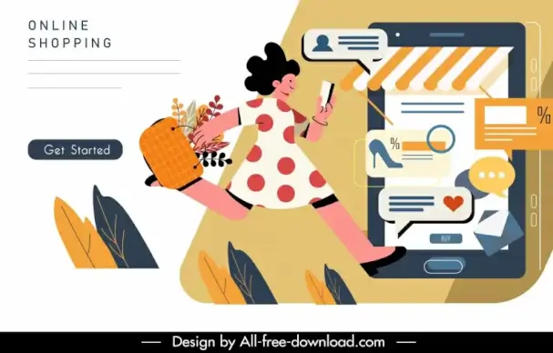 online advertising banner template flat classical dynamic woman rushing for discounted goods