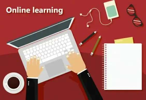 online learning background hands laptop devices icons decor