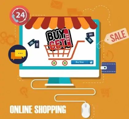 online shopping background computer screen trolley icons decor