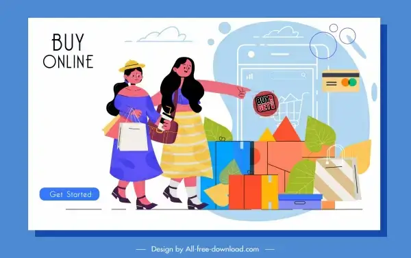 online shopping banner ladies goods icons cartoon sketch