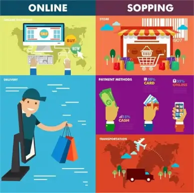online shopping concepts illustration with various design elements