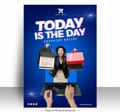 online shopping poster discount template happy woman laptop realistic 