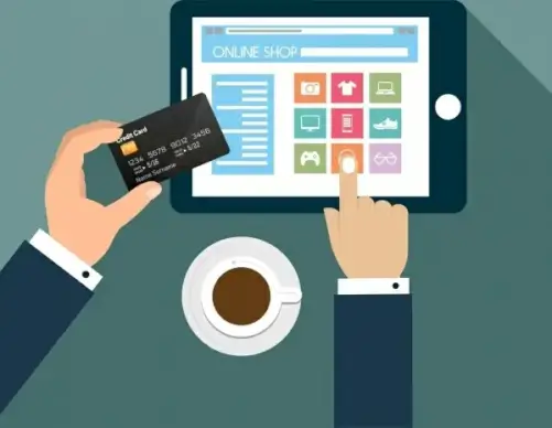 online shopping poster hand holding credit card icon