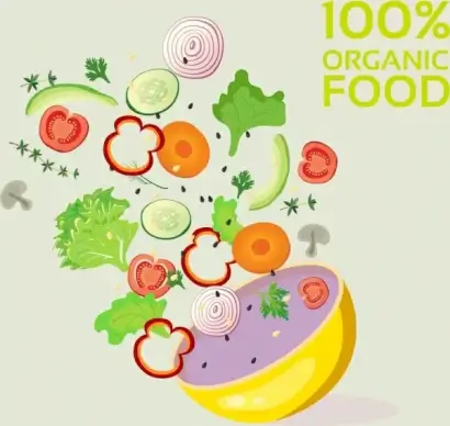 organic food advertisement ingredient vegetables bowl icons decor