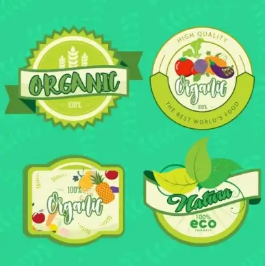 organic food labels collection fruit leaf icons decor