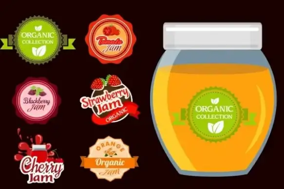organic jam advertisement various fruit seals icons