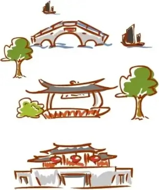 original handdrawn cartoon landscape elements