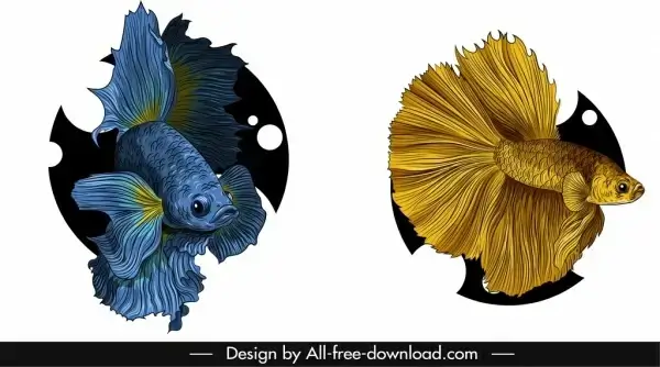 ornamental fish icons elegant blue golden sketch