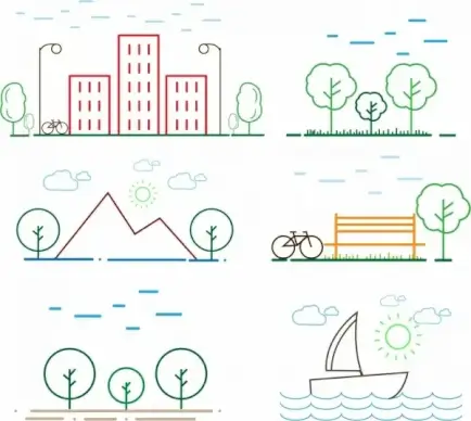 outdoor sceneries outline colorful flat design
