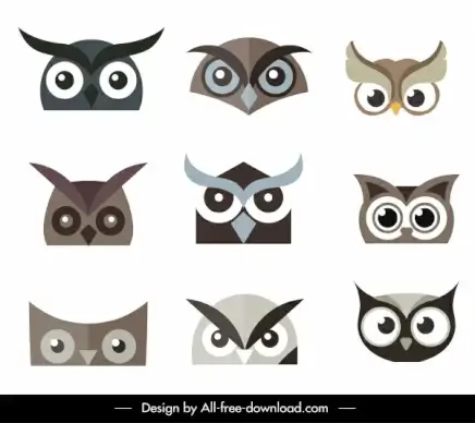 owl faces icons flat symmetric design