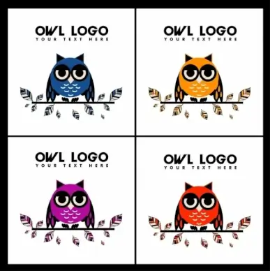owl logotypes multicolored sketch leaves decoration