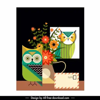 owl painting flowerpot envelope decor colorful flat classic