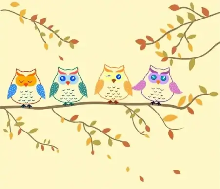 owls background colored hand drawn cartoon sketch