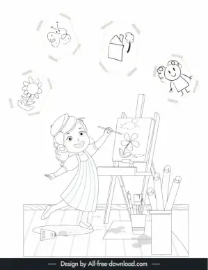 painting work design elements dynamic cute little girl outlines