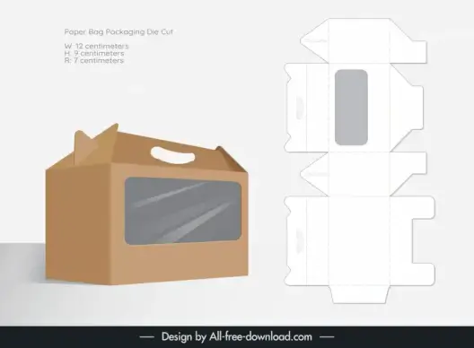 paper bag packaging design elements 3d flat mockup and die cut sketch