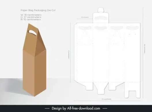 paper bag packaging template flat 3d mockup and die cut outline 