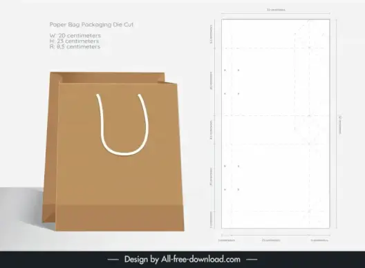 paper shopping bag packaging template flat 3d mockup and die cut sketch