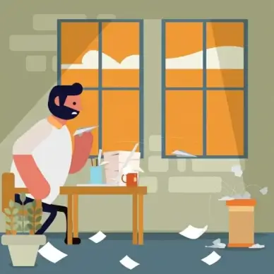 paper work painting man messy room cartoon design
